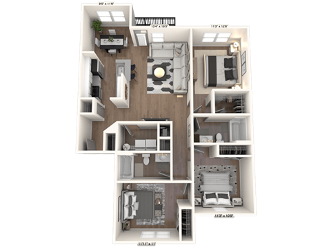 Floor plan for 3 beds, 2 baths, 1326 sqft